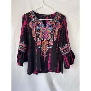 Caleoas Black Boho Embroidered Tunic Top Blouse Size L Women EUC
